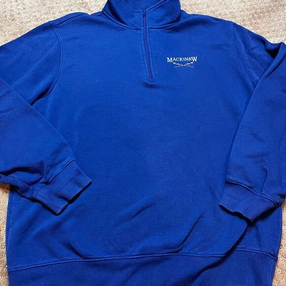 VTG Michagan Mackinaw Island 1/4 Zip Mock Neck Sweatshirt Mens XL Blue Classic - Picture 2 of 8